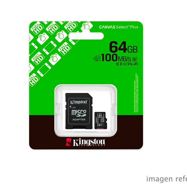 Memoria MicroSDHC Kingston 64GB 100MB/s Clase 10 con Adaptador SD SDCS3/64GB